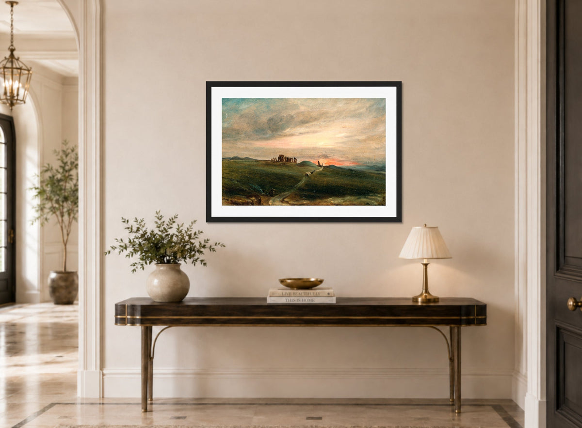 John Constable Print, Stonehenge at Sunset displayed above a console table