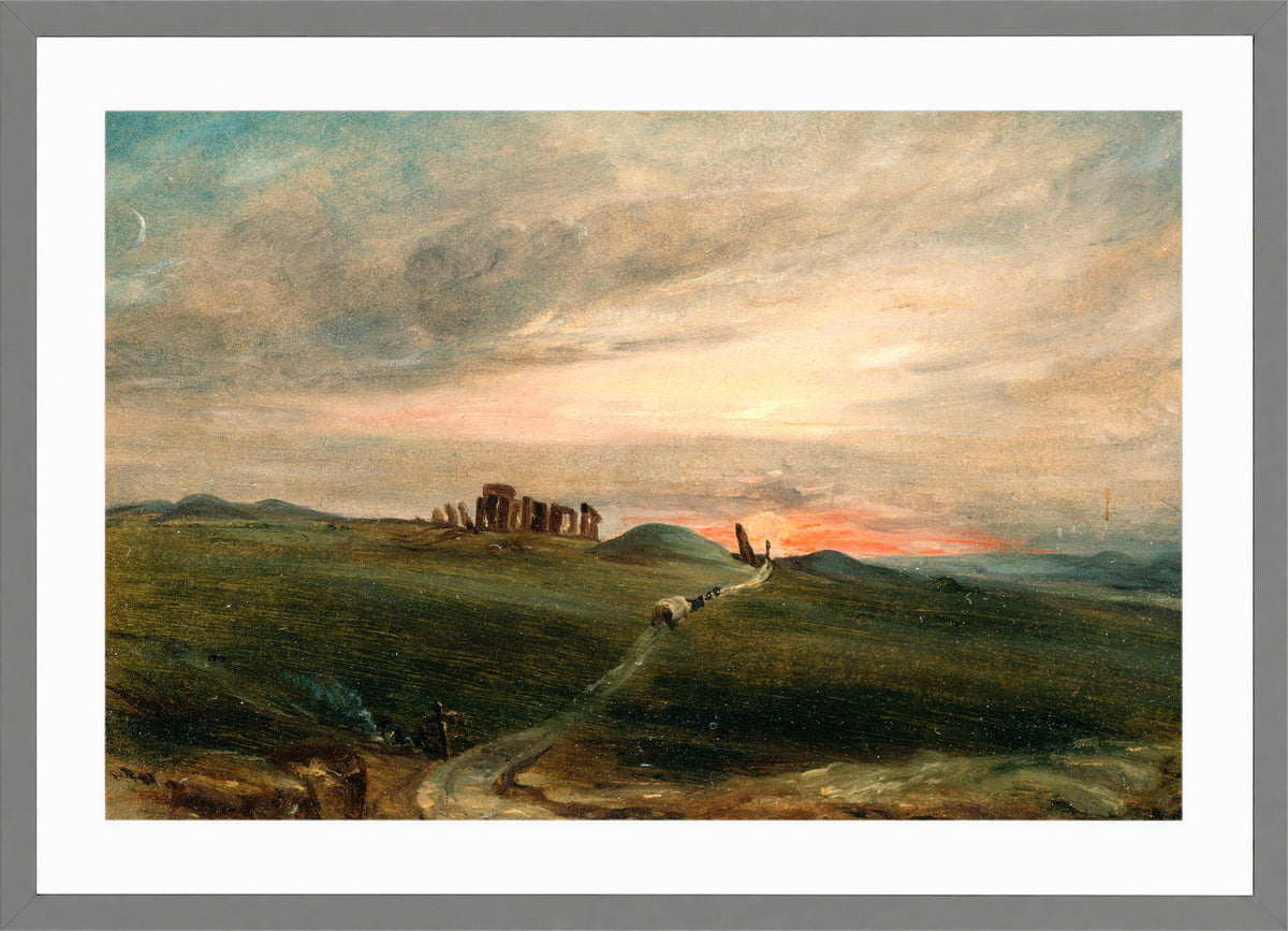 John Constable Print, Stonehenge at Sunset in a light grey frame