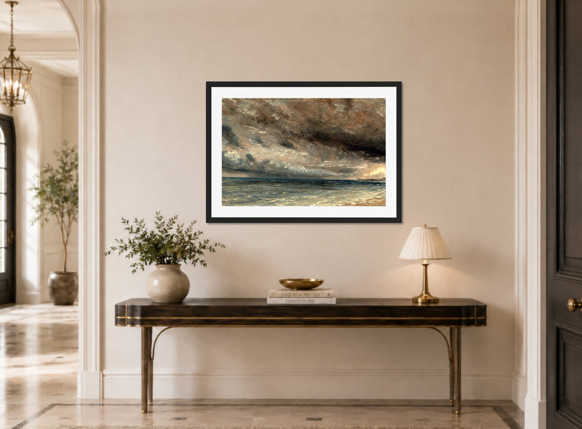 John Constable Print, Stormy Sea, Brighton (ca displayed above a console table