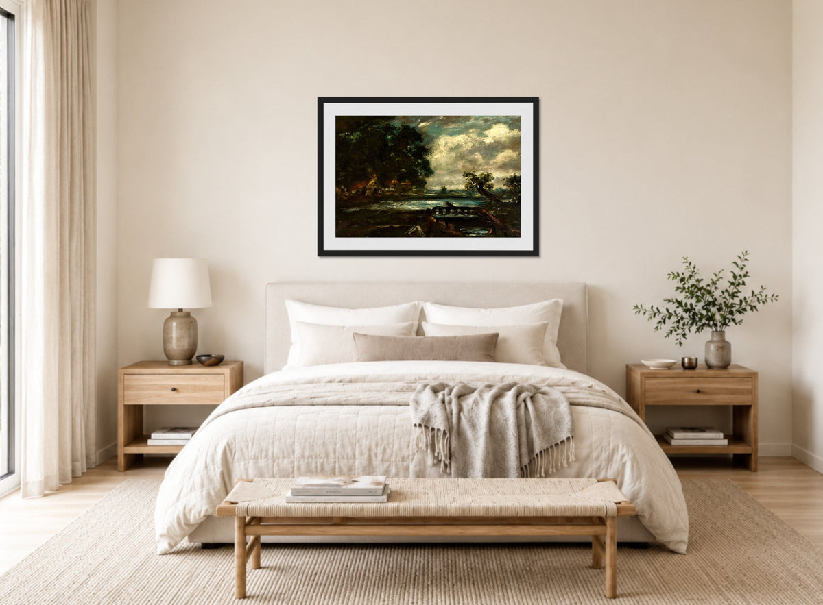 John Constable Print, Study for ‘The Leaping Horse’ displayed above a bed