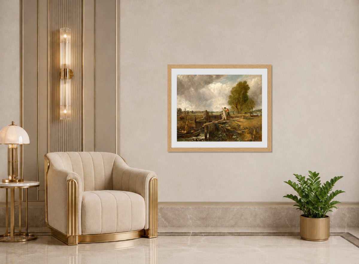 John Constable Print, Study of A boat passing a lock displayed in an Art Deco interior