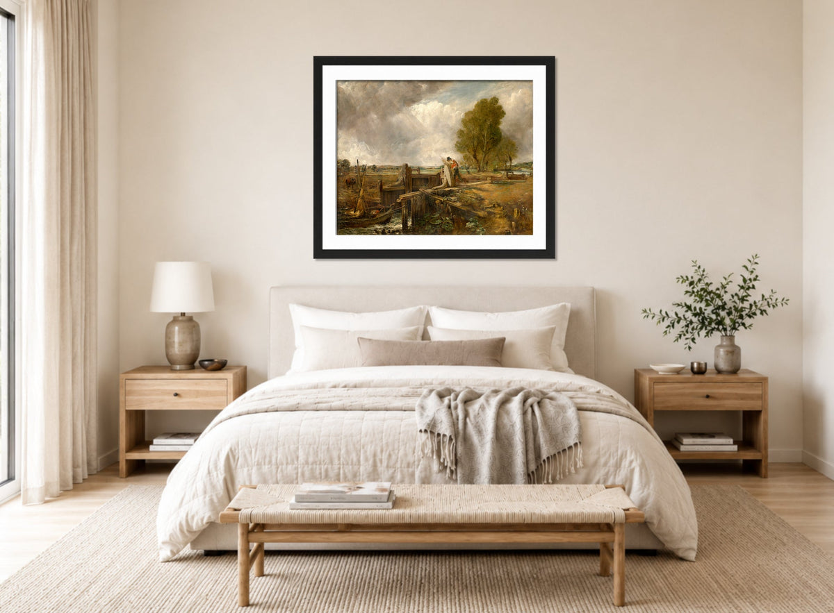 John Constable Print, Study of A boat passing a lock displayed above a bed
