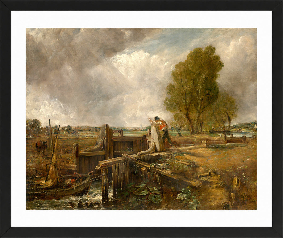 John Constable Print, Study of A boat passing a lock in a black frame