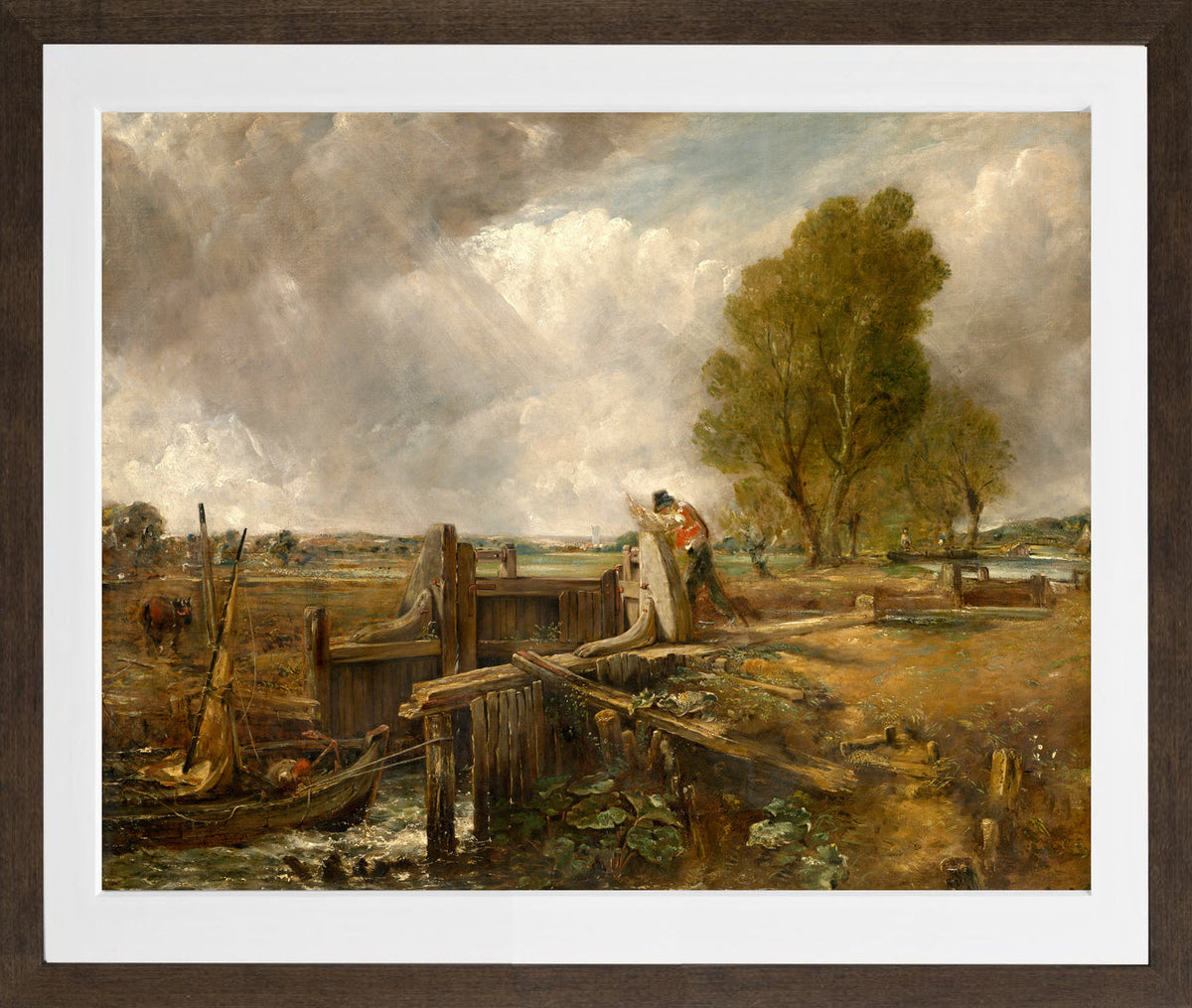 John Constable Print, Study of A boat passing a lock in a brown frame