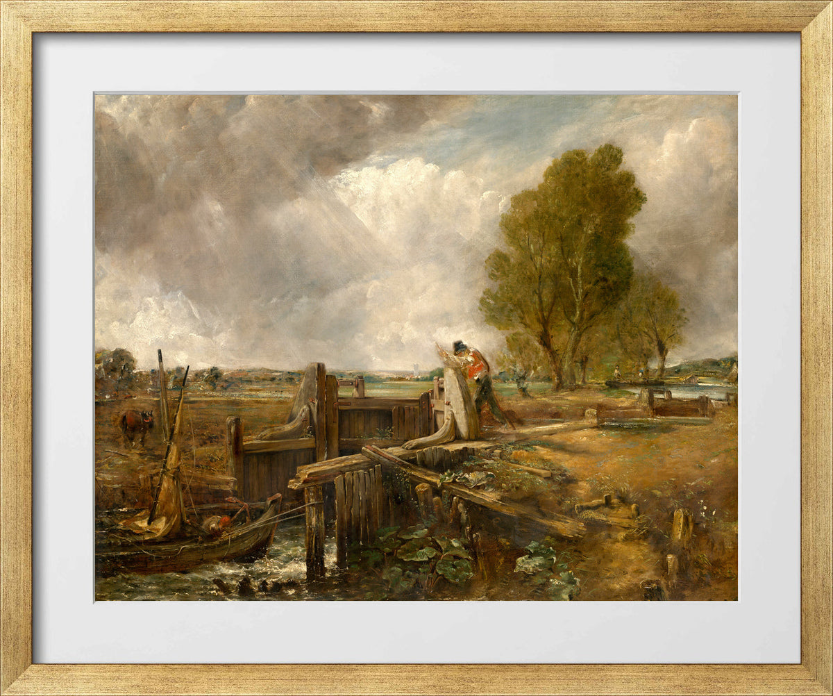 John Constable Print, Study of A boat passing a lock in a gold frame