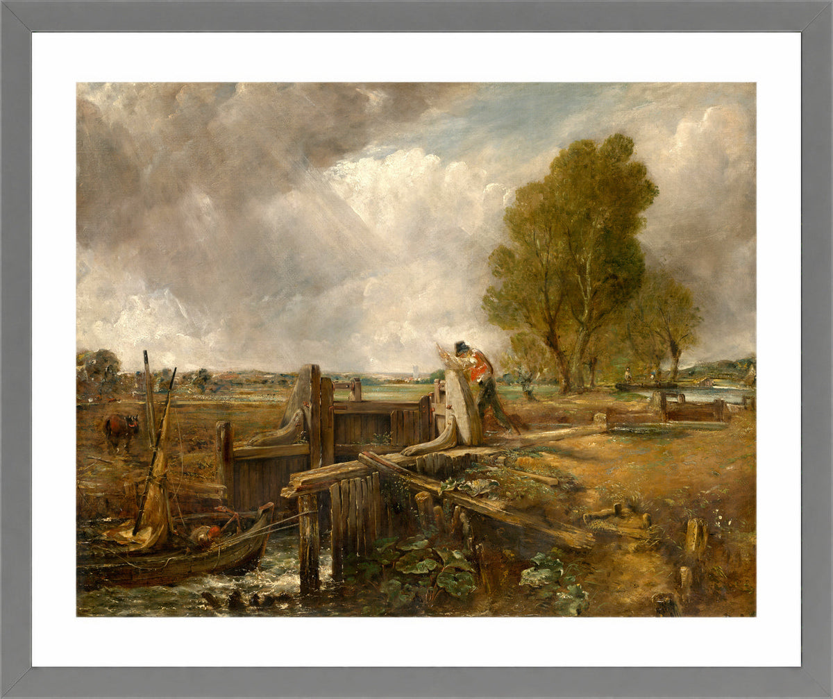 John Constable Print, Study of A boat passing a lock in a light grey frame