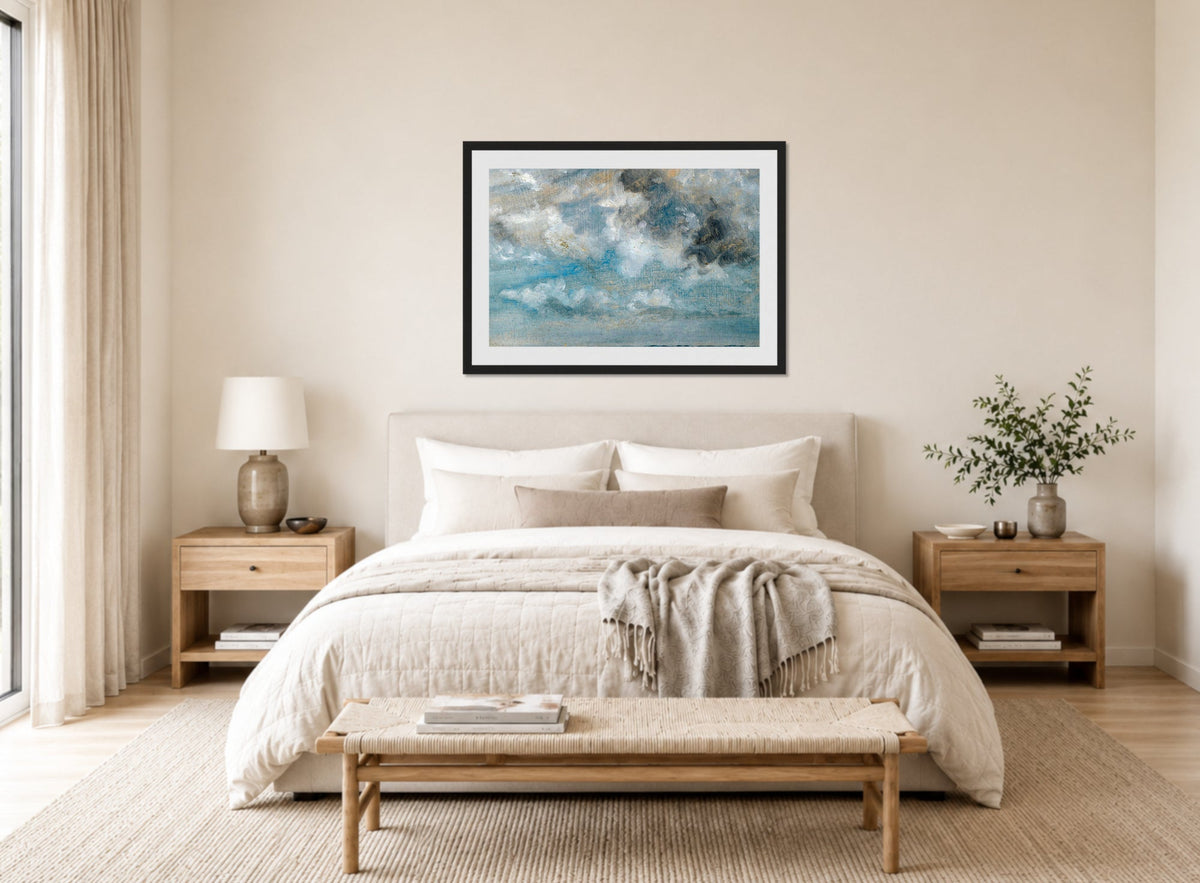 John Constable Print, Study Of Clouds displayed above a bed