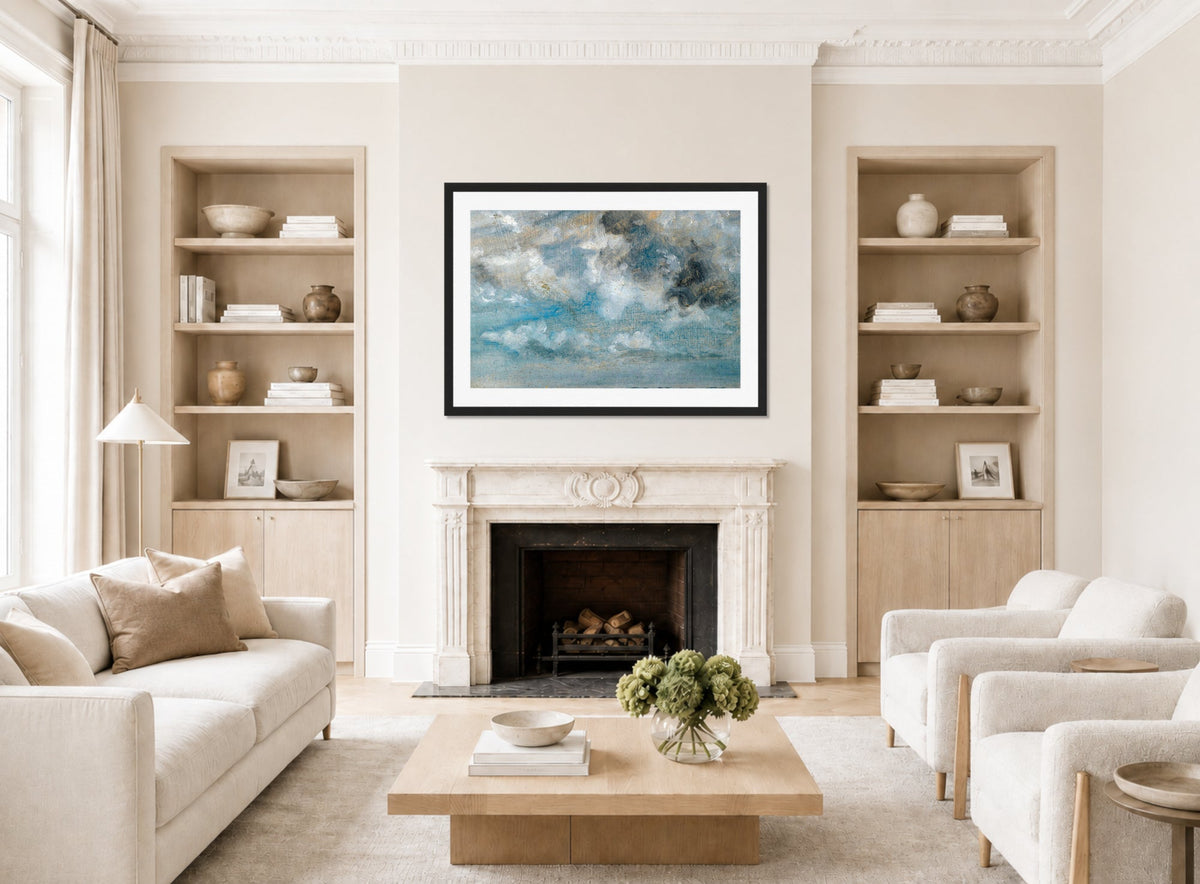 John Constable Print, Study Of Clouds displayed in a Scandinavian living room