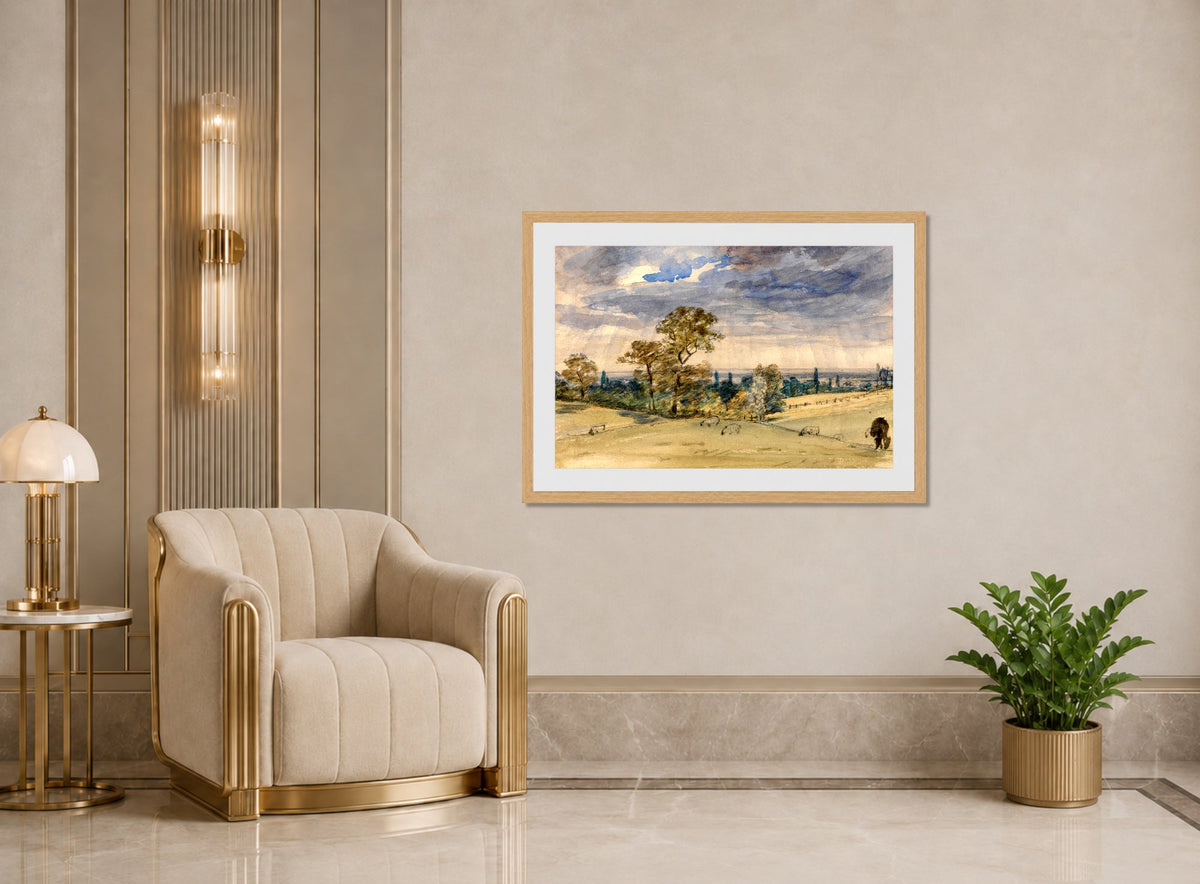 John Constable Print, Suffolk Landscape displayed in an Art Deco interior