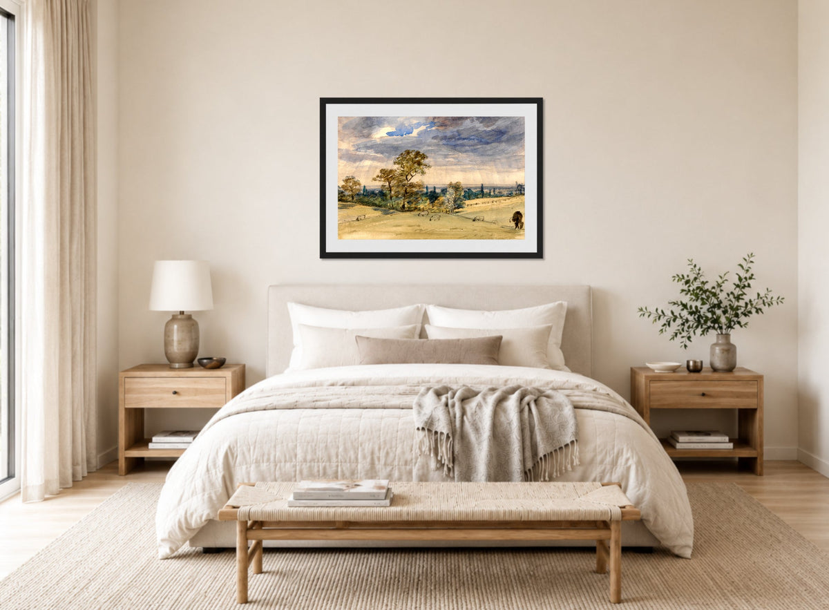 John Constable Print, Suffolk Landscape displayed above a bed