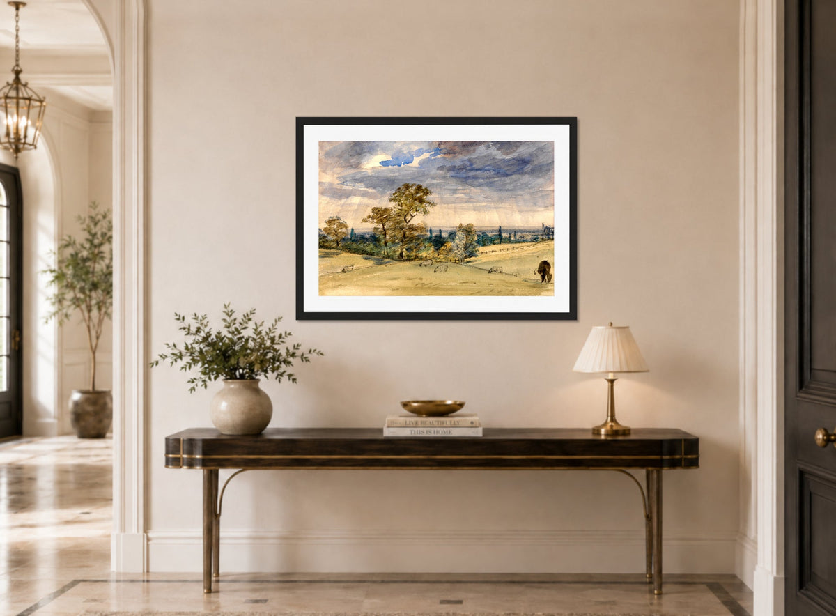 John Constable Print, Suffolk Landscape displayed above a console table