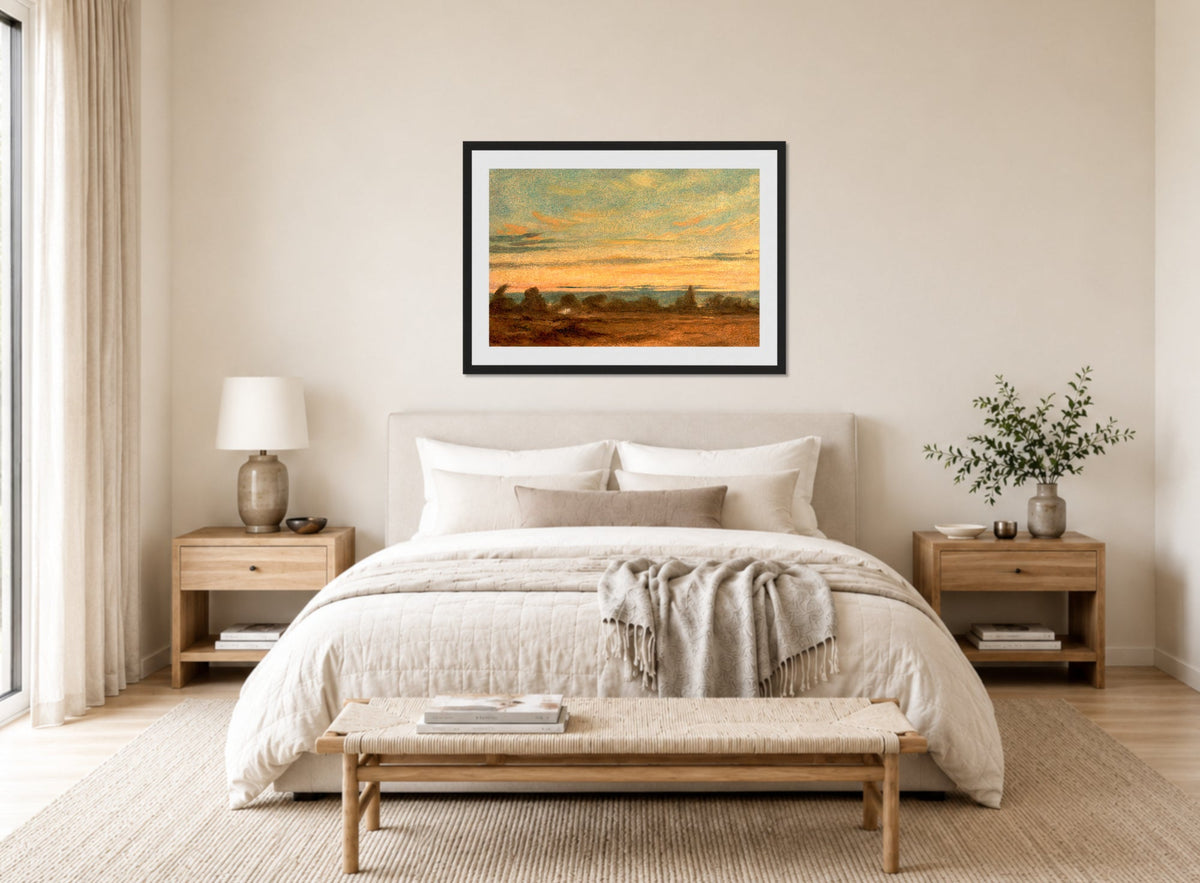 John Constable Print, Summer, Evening Landscape displayed above a bed