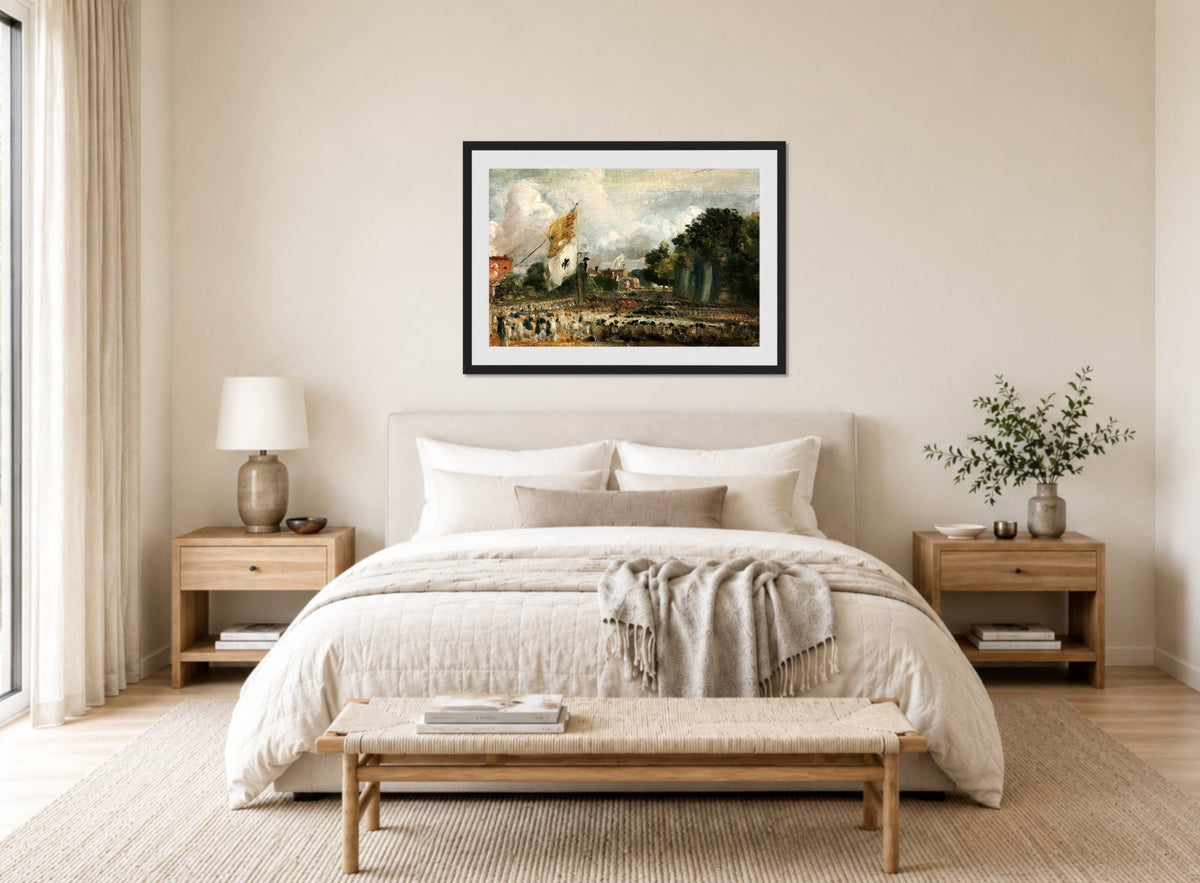 John Constable Print, The Celebration in East Bergholt of the Peace of 1814 Concluded in Paris between France and the Allied Powers displayed above a bed