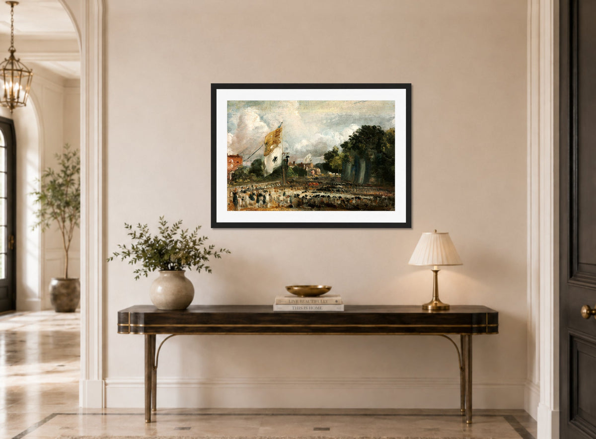 John Constable Print, The Celebration in East Bergholt of the Peace of 1814 Concluded in Paris between France and the Allied Powers displayed above a console table
