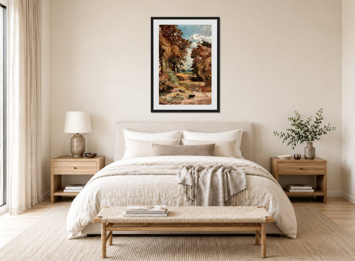 John Constable Print, The Cornfield (1816) displayed above a bed