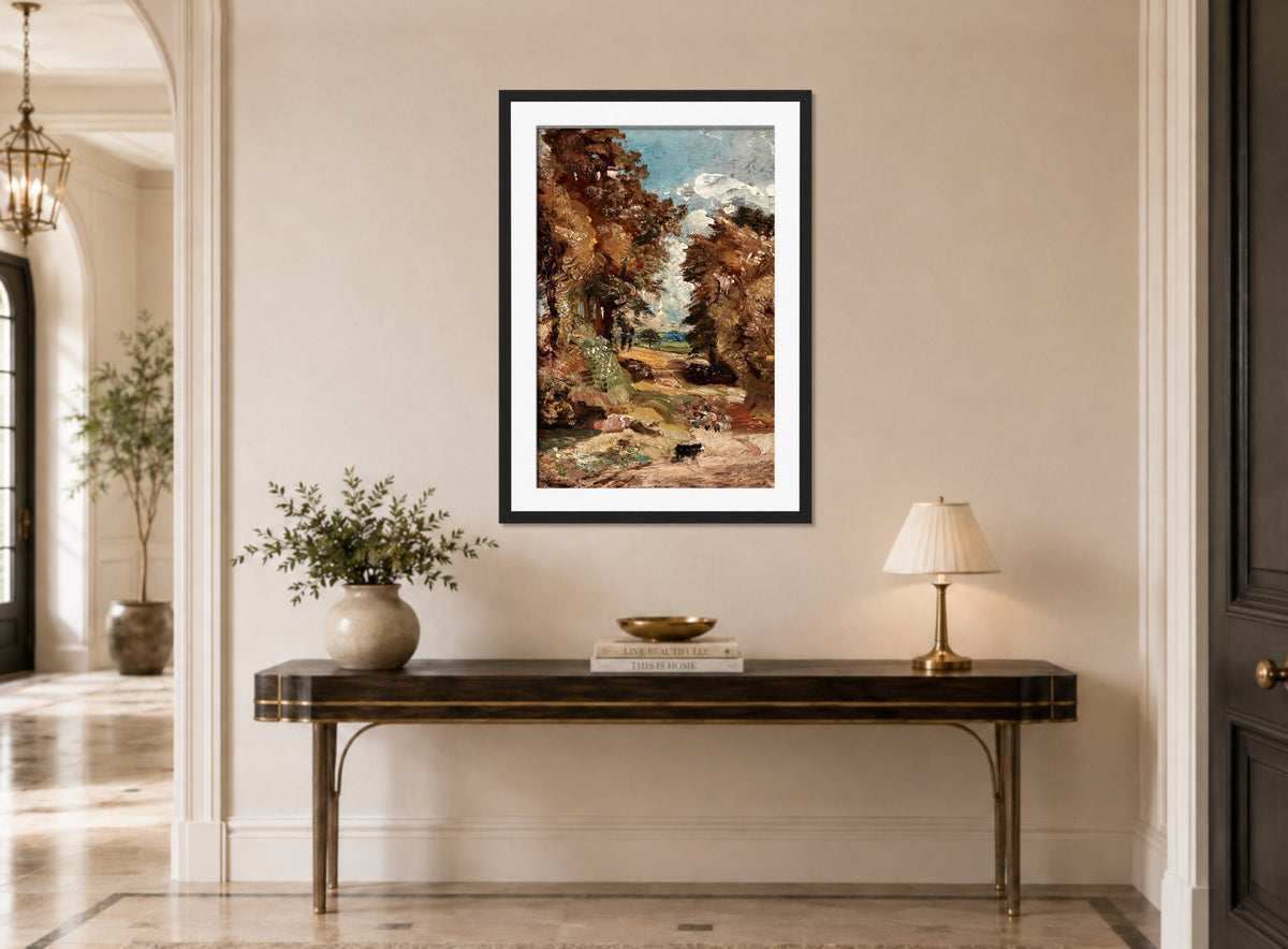 John Constable Print, The Cornfield (1816) displayed above a console table