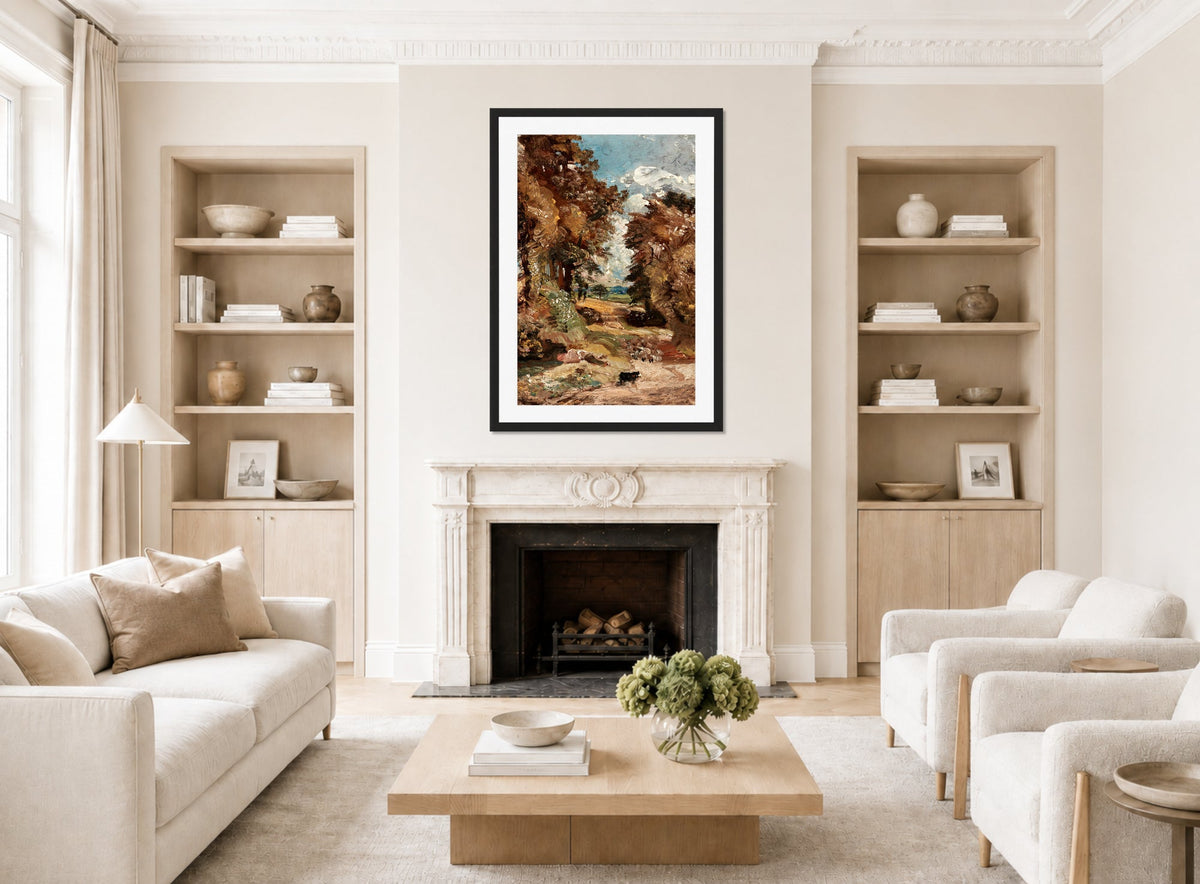 John Constable Print, The Cornfield (1816) displayed in a Scandinavian living room