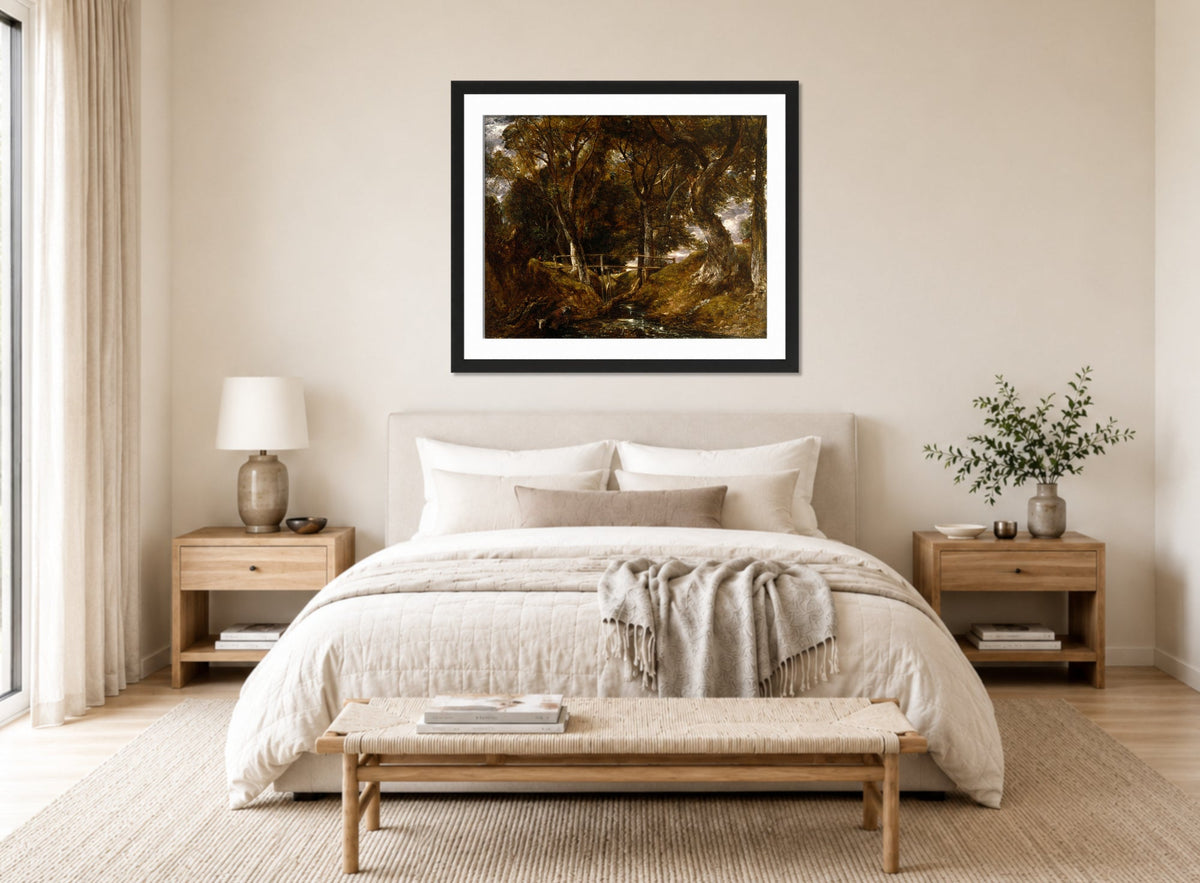 John Constable Print, The Dell at Helmingham Park displayed above a bed