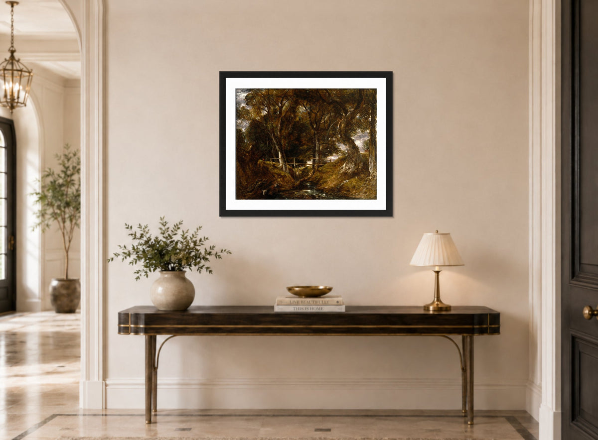 John Constable Print, The Dell at Helmingham Park displayed above a console table