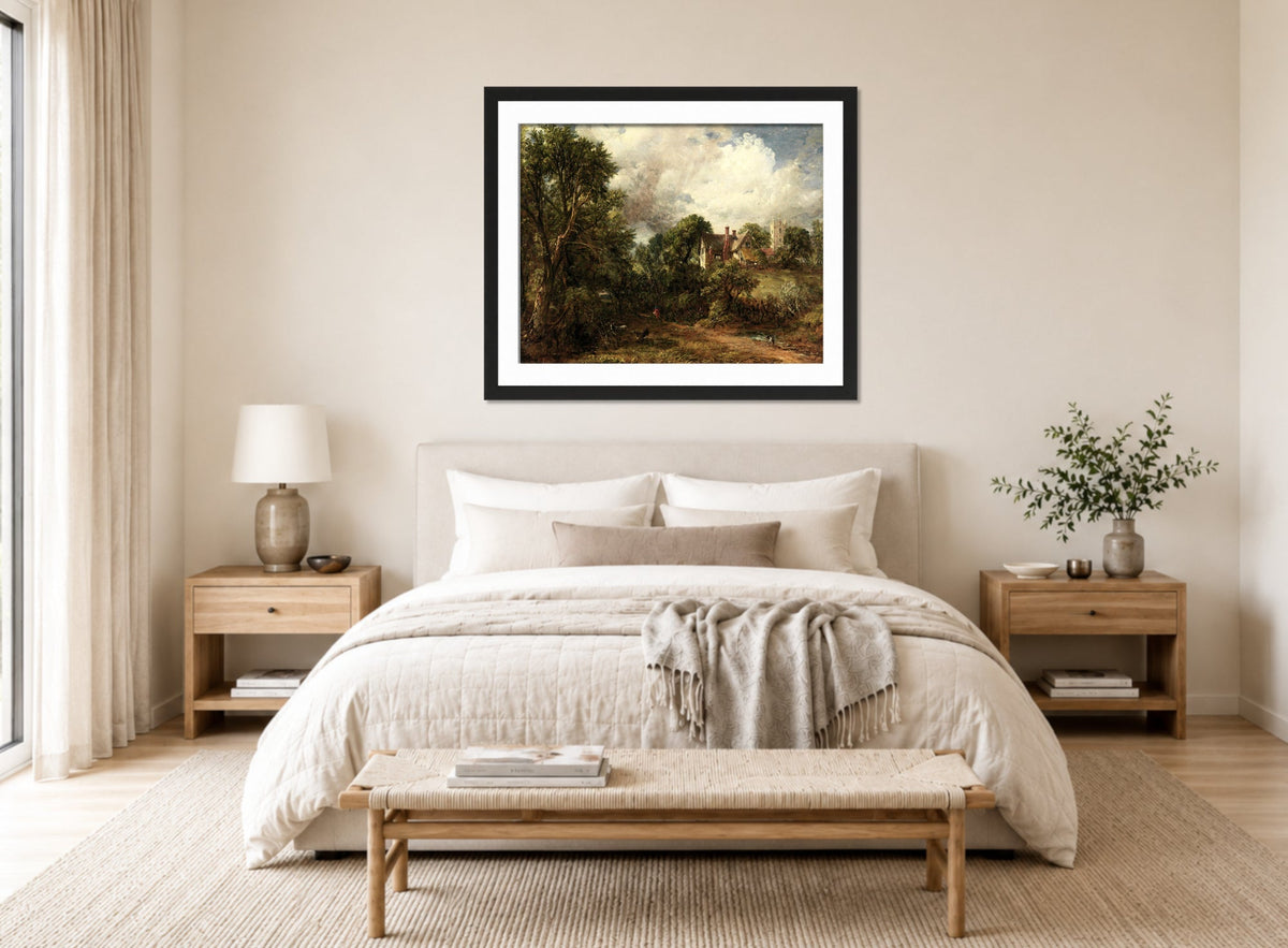 John Constable Print, The Glebe Farm (1827) displayed above a bed