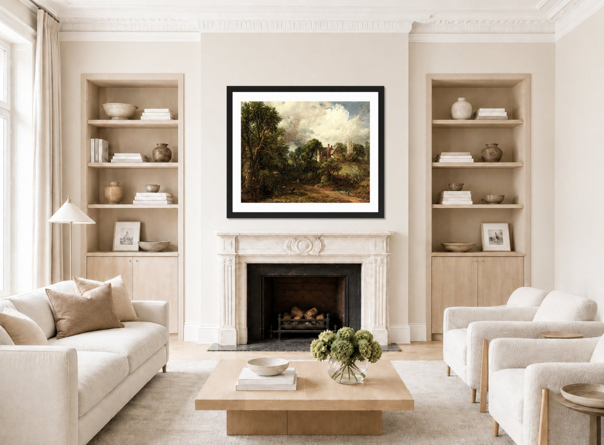 John Constable Print, The Glebe Farm (1827) displayed in a Scandinavian living room
