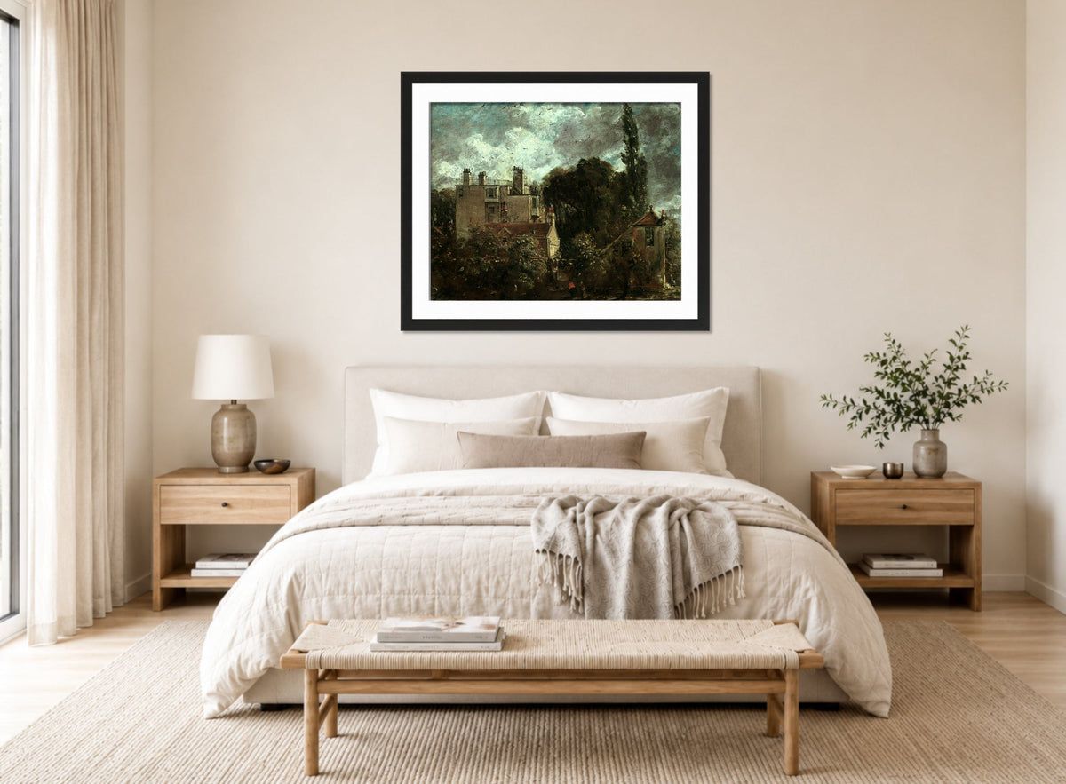 John Constable Print, The Grove, or the Admiral’s House in Hampstead (between 1821 and 1822) displayed above a bed