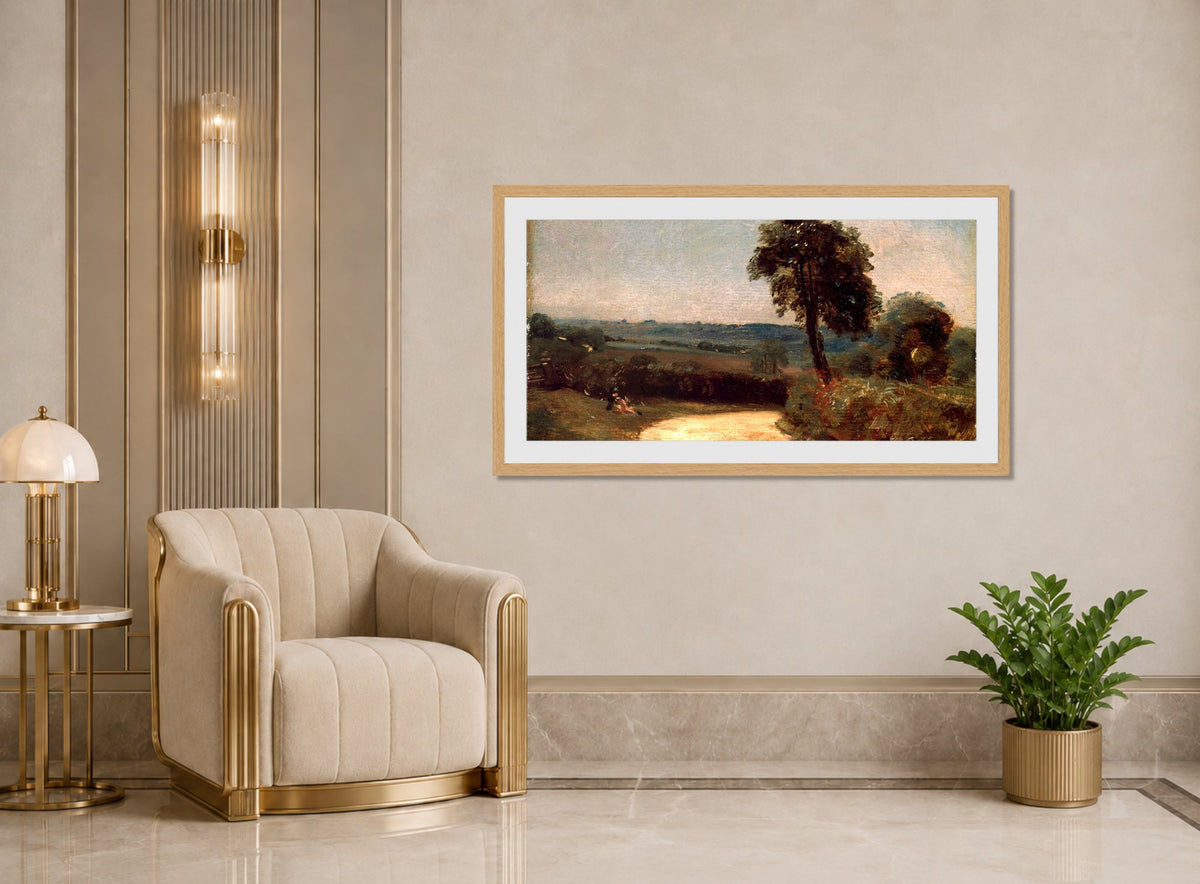 John Constable Print, The Lane from East Bergholt to Flatford (1812) displayed in an Art Deco interior