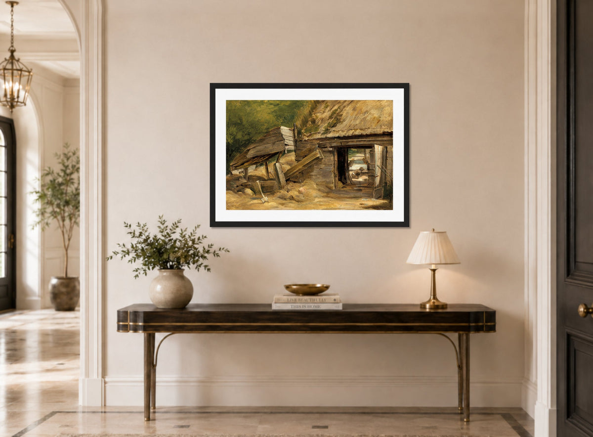 John Constable Print, The Old Mill Shed, Dedham displayed above a console table
