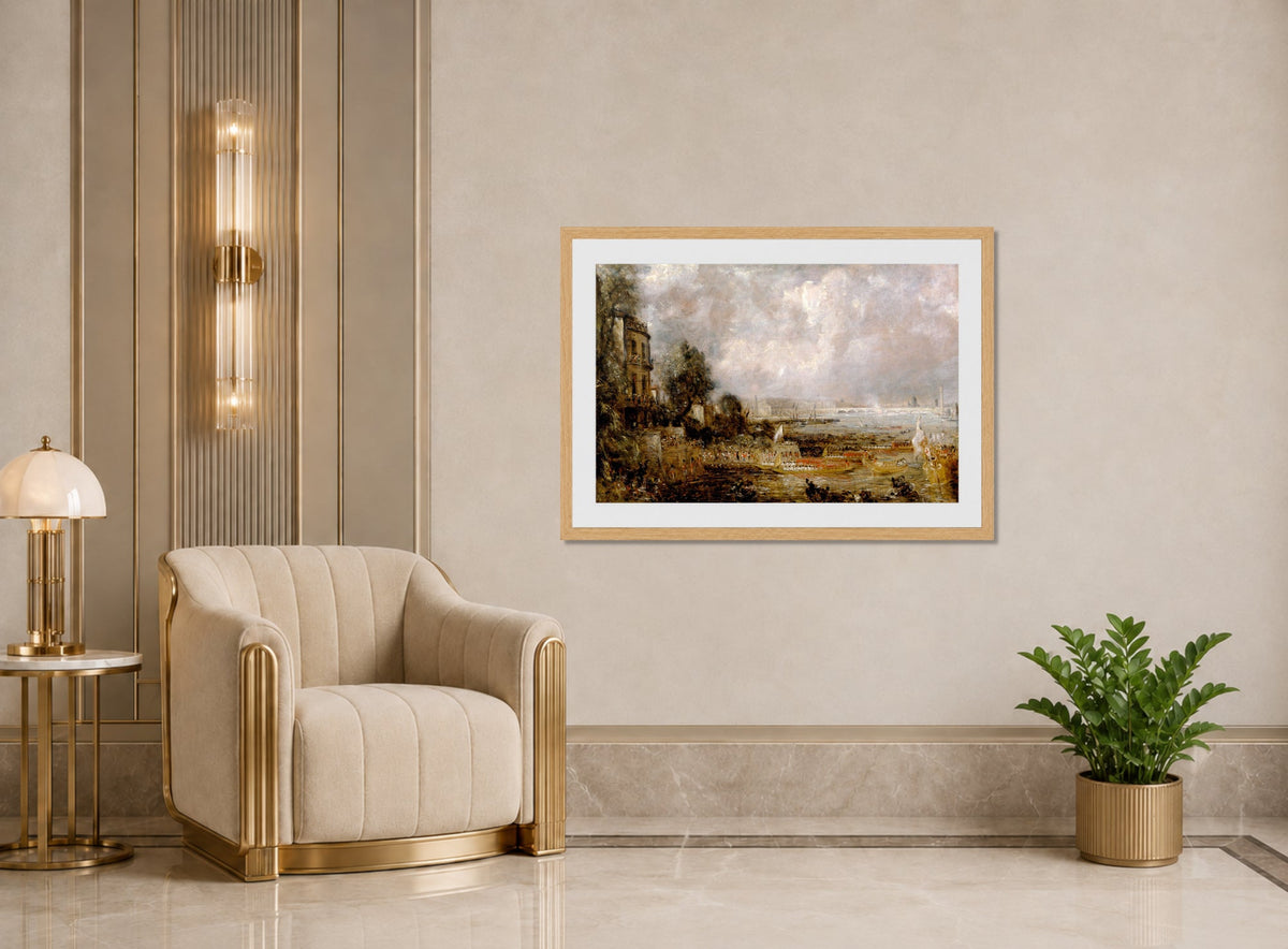 John Constable Print, The Opening of Waterloo Bridge displayed in an Art Deco interior