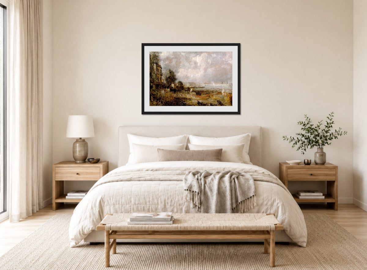 John Constable Print, The Opening of Waterloo Bridge displayed above a bed