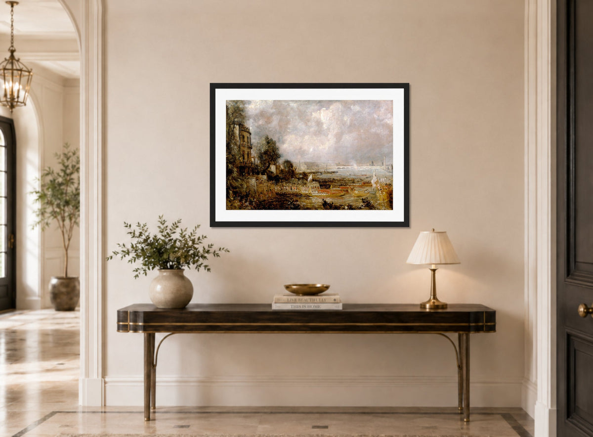 John Constable Print, The Opening of Waterloo Bridge displayed above a console table