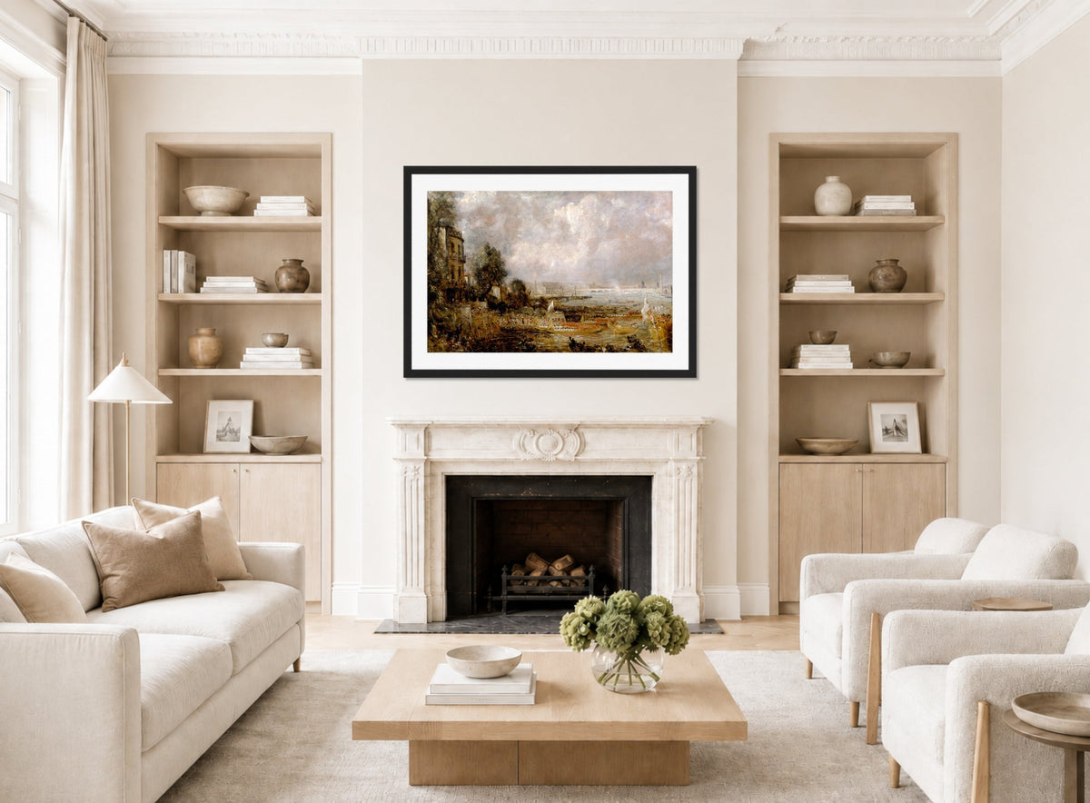 John Constable Print, The Opening of Waterloo Bridge displayed in a Scandinavian living room