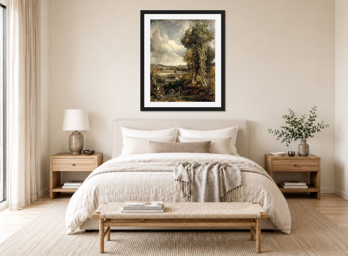 John Constable Print, The Vale of Dedham displayed above a bed