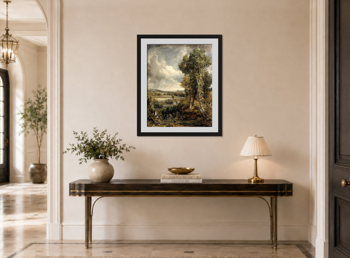 John Constable Print, The Vale of Dedham displayed above a console table