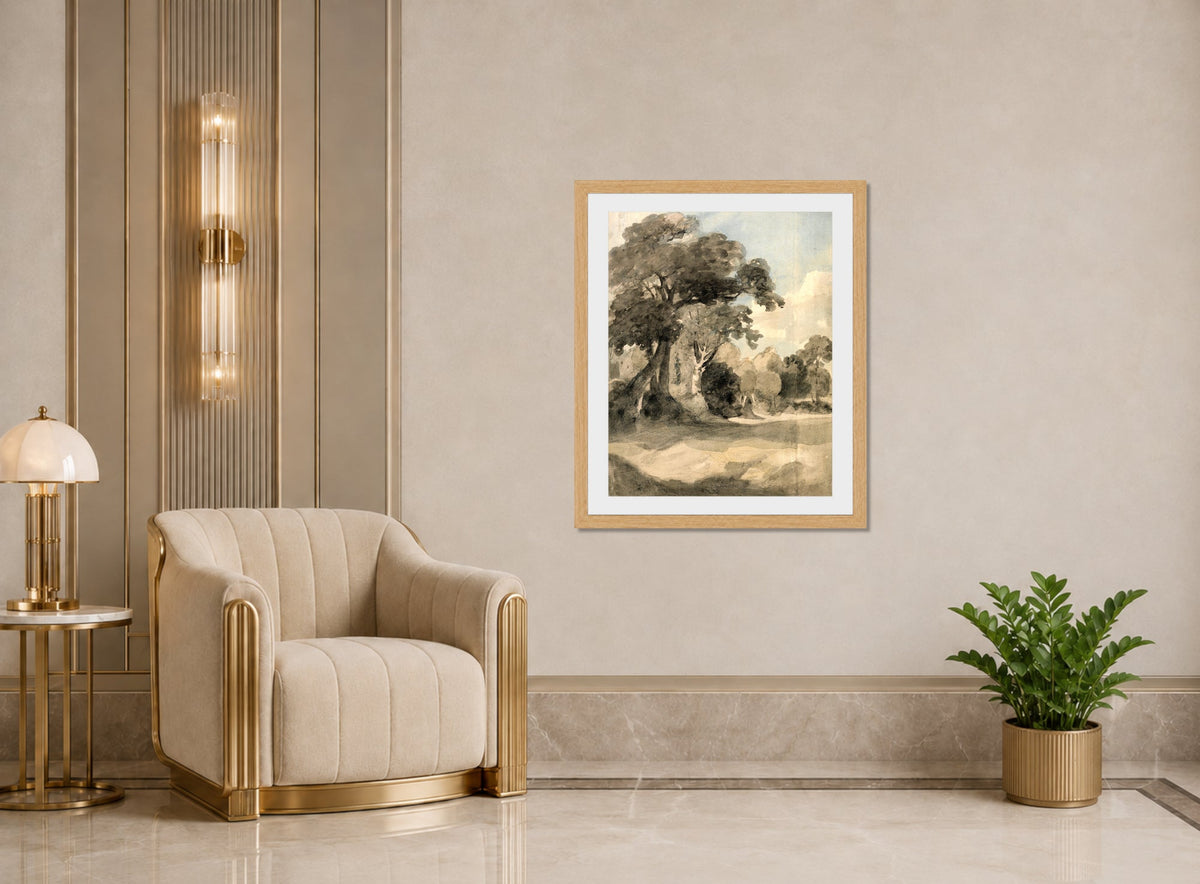 John Constable Print, Trees in a Meadow (ca displayed in an Art Deco interior