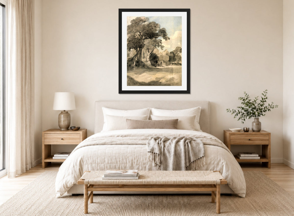 John Constable Print, Trees in a Meadow (ca displayed above a bed