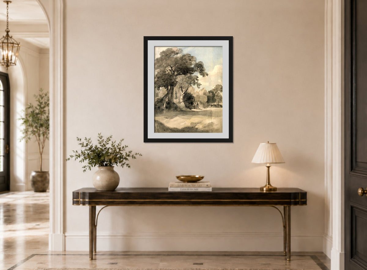 John Constable Print, Trees in a Meadow (ca displayed above a console table