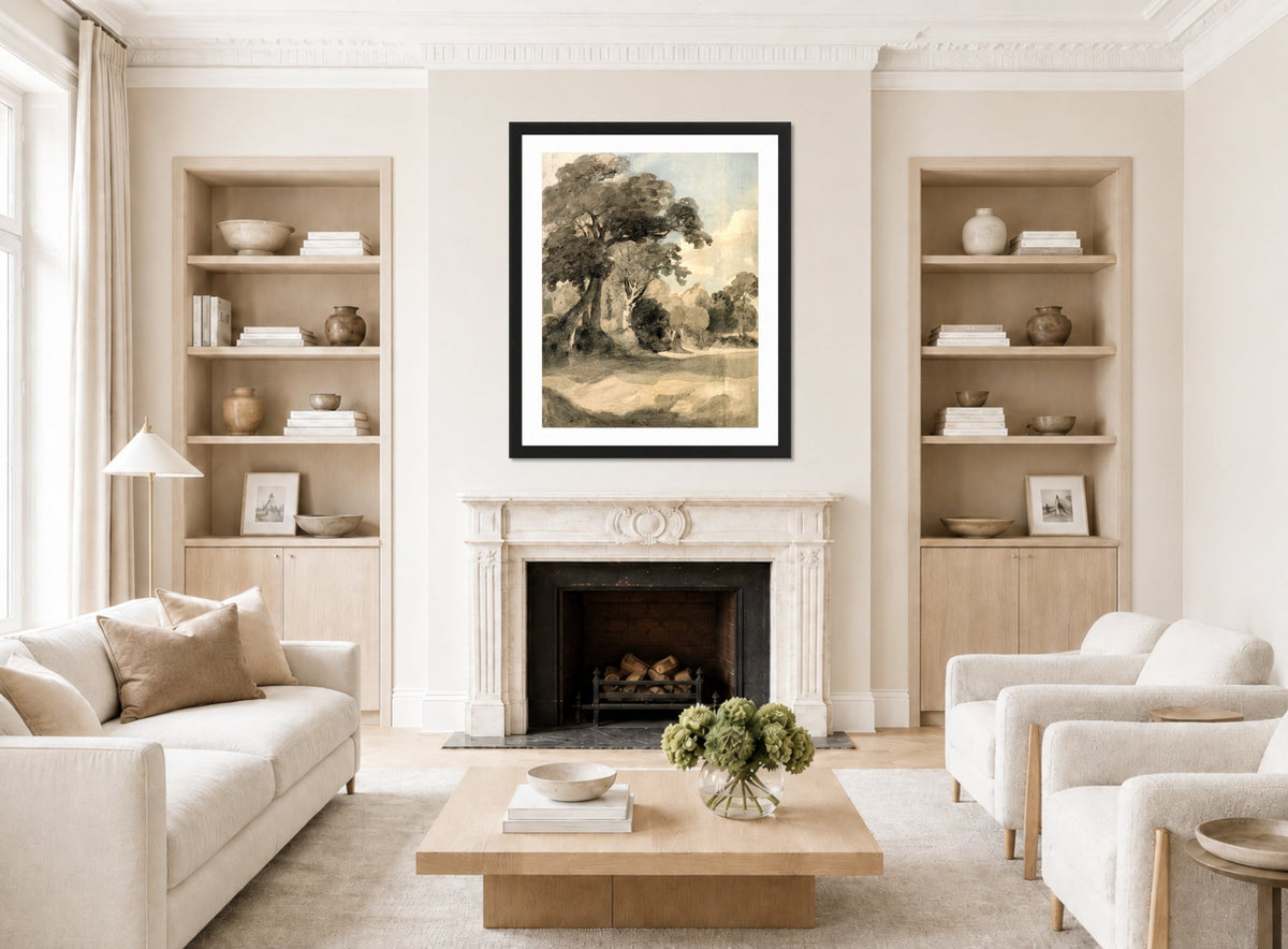 John Constable Print, Trees in a Meadow (ca displayed in a Scandinavian living room
