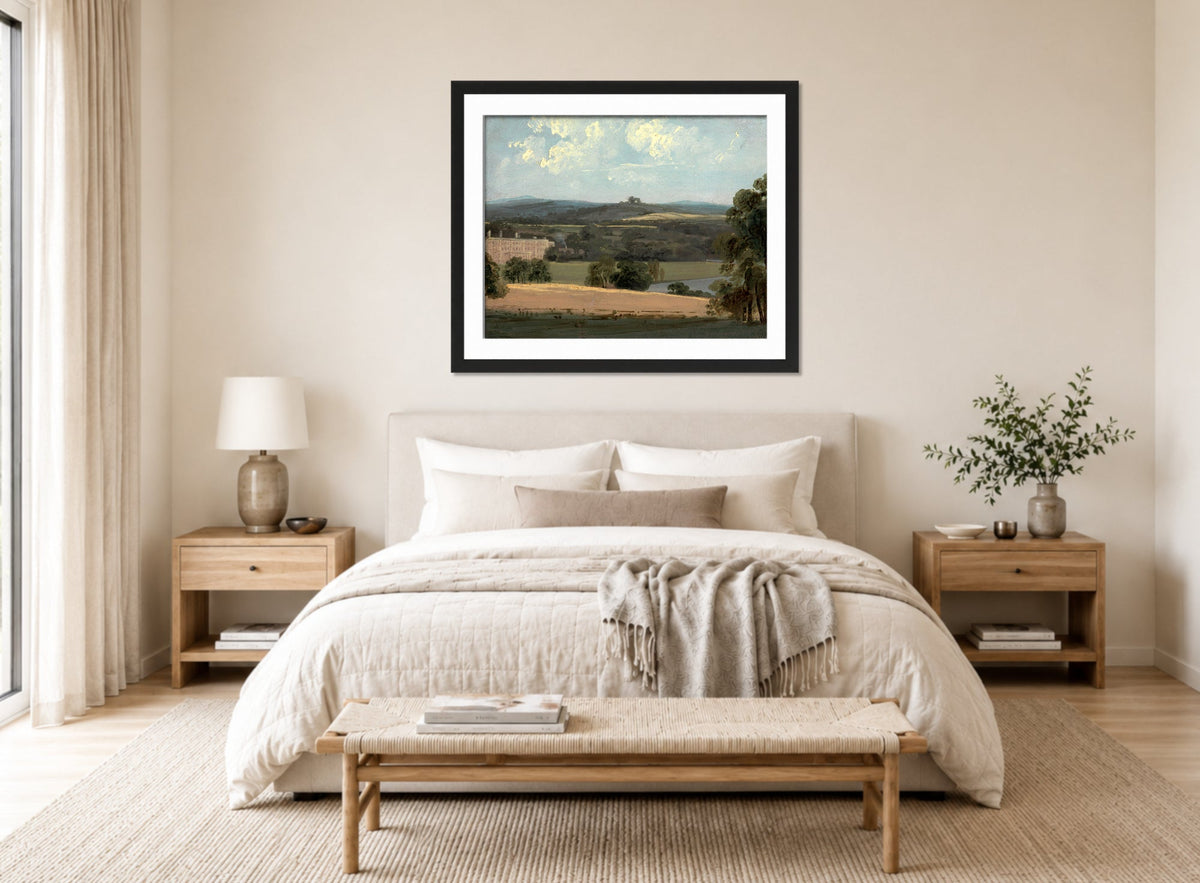 John Constable Print, Trentham Park displayed above a bed