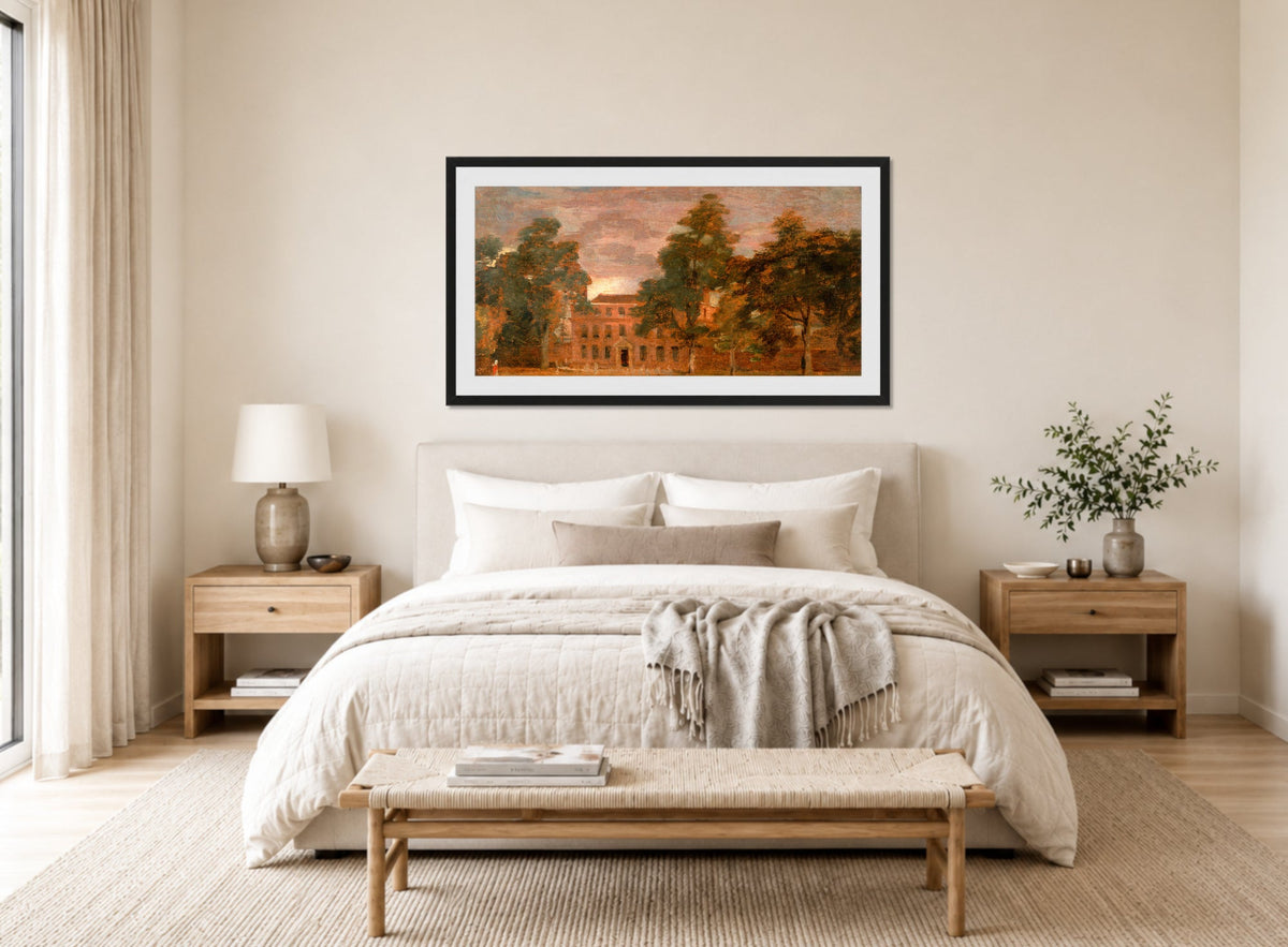 John Constable Print, West Lodge, East Bergholt (1813-1816) displayed above a bed