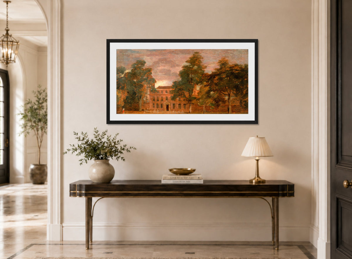 John Constable Print, West Lodge, East Bergholt (1813-1816) displayed above a console table