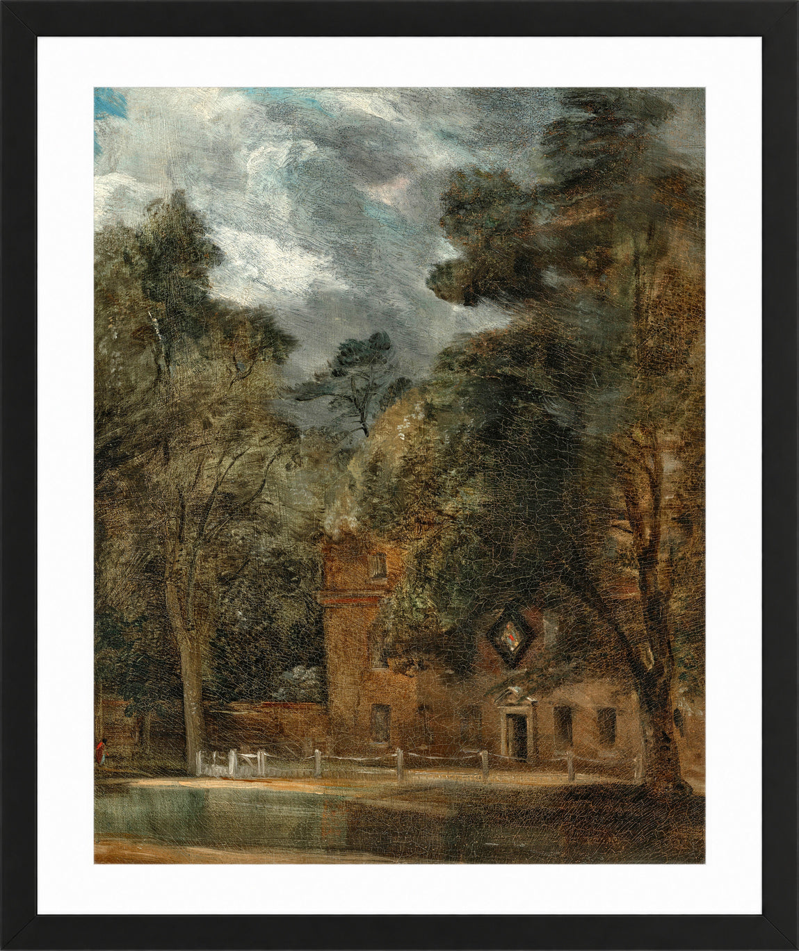 John Constable Print, West Lodge, East Bergholt, with a hatchment in a black frame