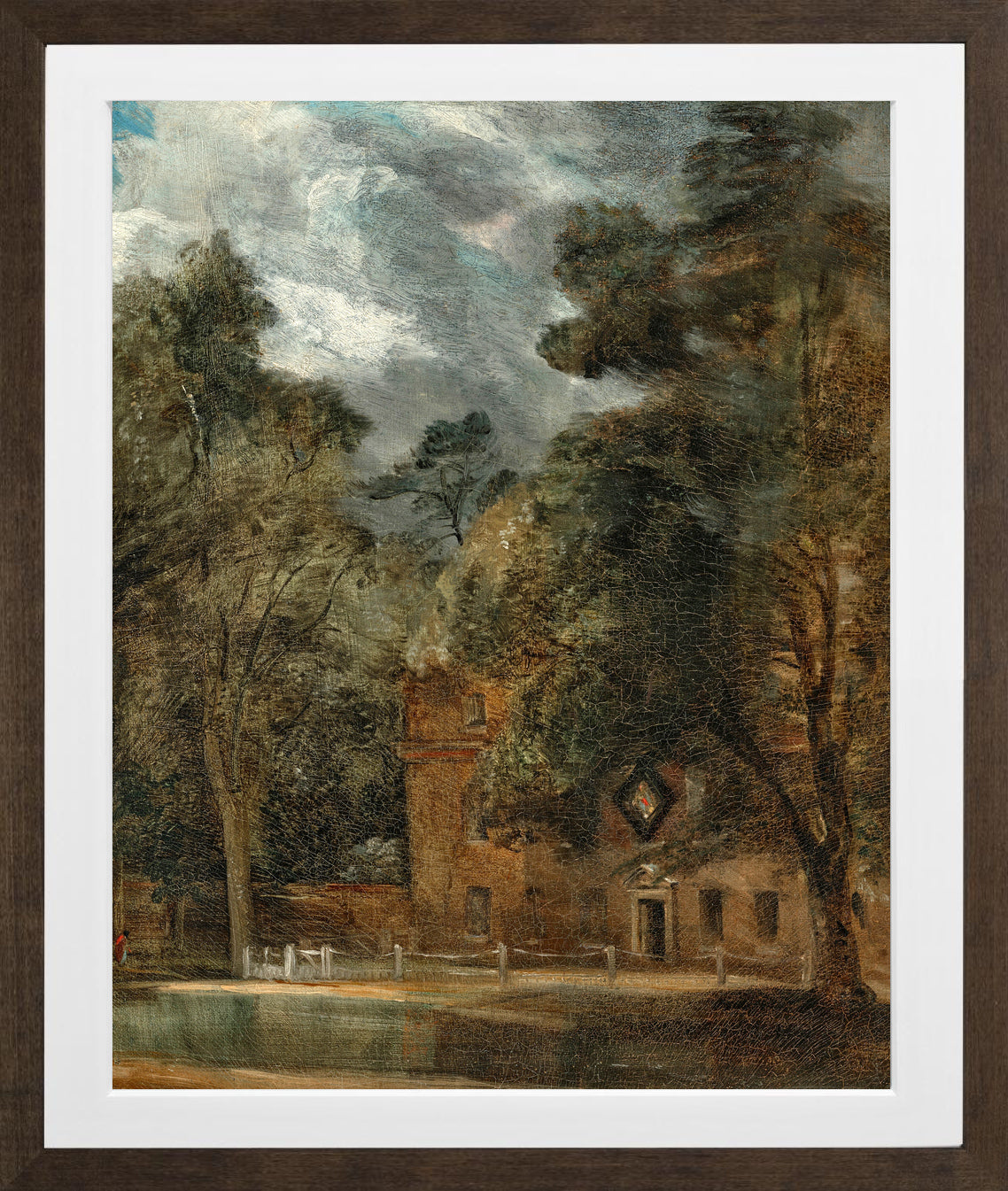 John Constable Print, West Lodge, East Bergholt, with a hatchment in a brown frame