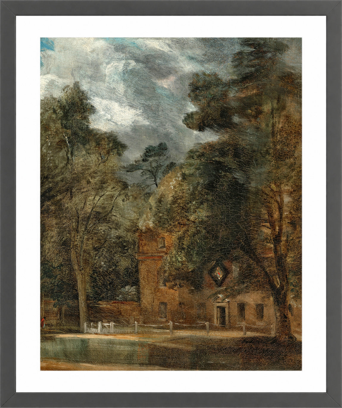 John Constable Print, West Lodge, East Bergholt, with a hatchment in a dark grey frame