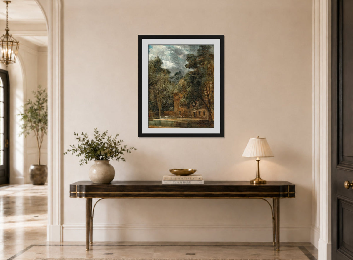 John Constable Print, West Lodge, East Bergholt, with a hatchment displayed above a console table