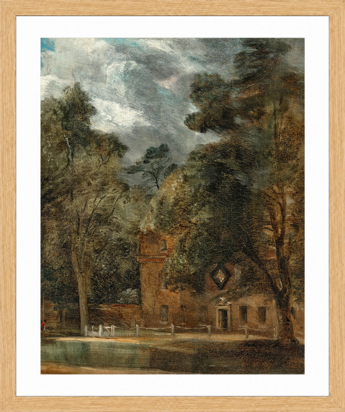 John Constable Print, West Lodge, East Bergholt, with a hatchment in an oak frame
