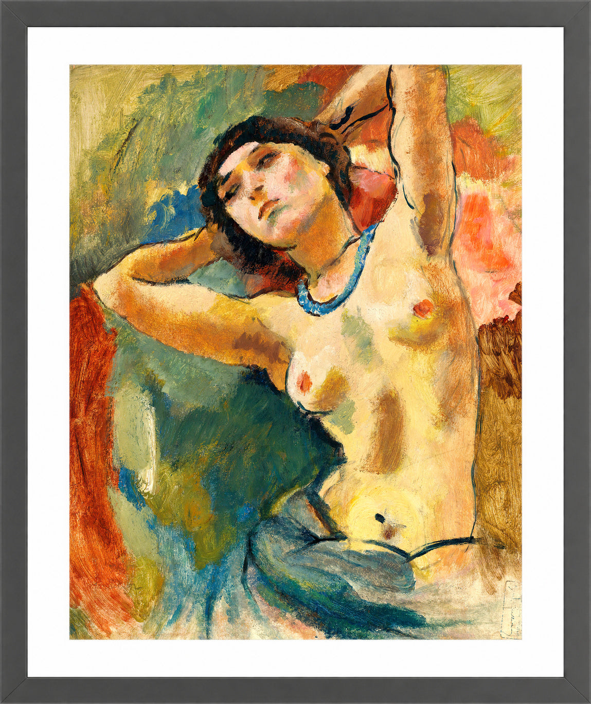 Jules Pascin Print, Brune Au Collier Bleu (1922) in a dark grey frame