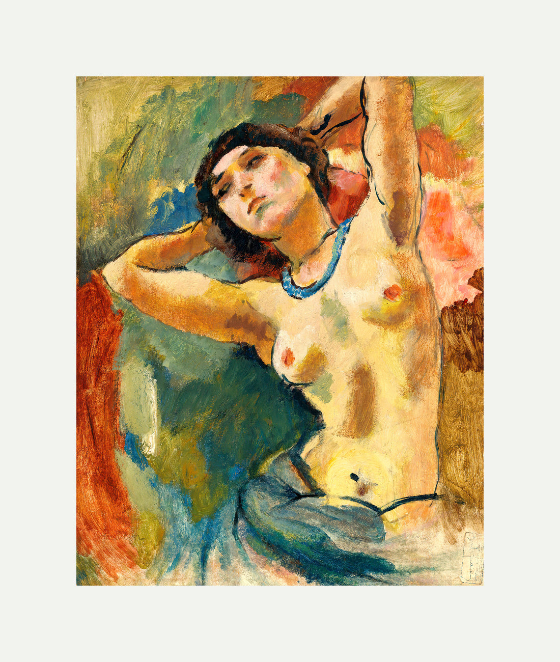 Jules Pascin Print, Brune Au Collier Bleu (1922) with an off-white border for rolled canvas