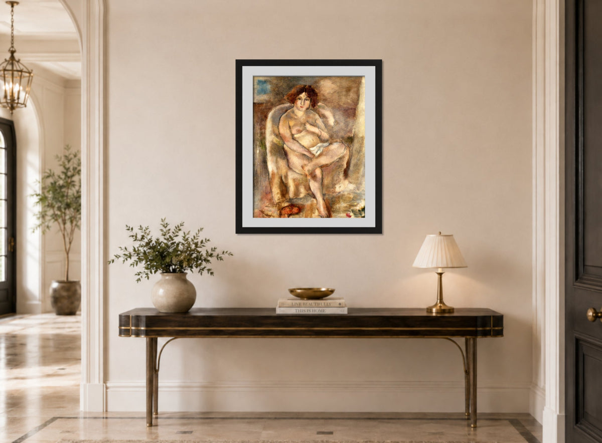 Jules Pascin Print, Femme assise dans un fauteuil (1926) displayed above a console table