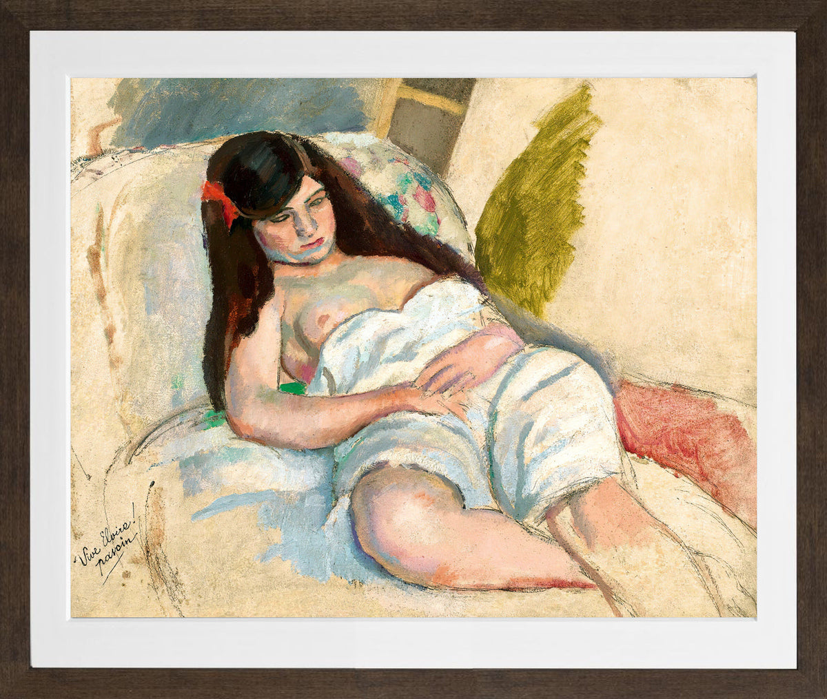 Jules Pascin Print, Femme Étendue in a brown frame